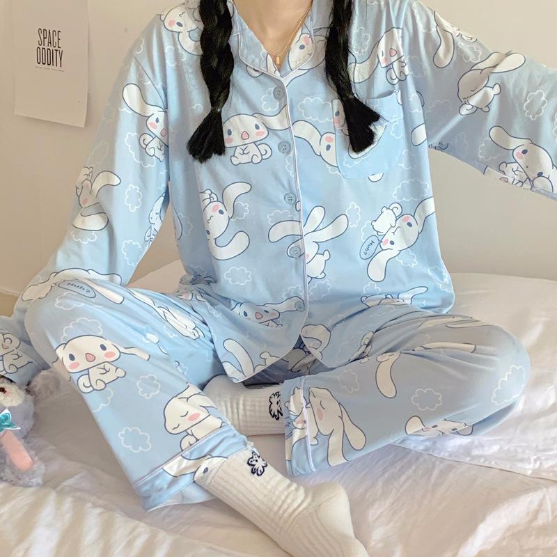 Pajamas women's spring and autumn imitation cotton high value fresh and sweet love women's long-sleeved trousers set loose loungewear
