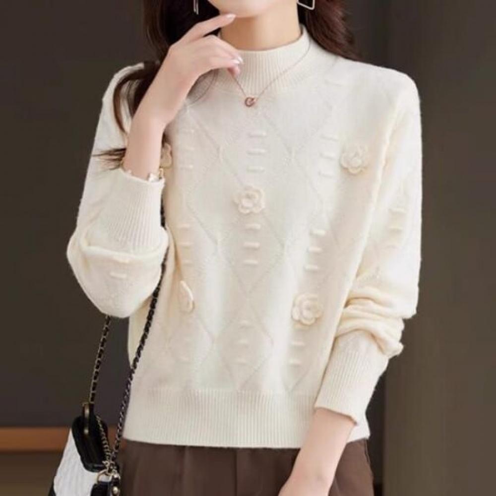 Navava Women Solid Rose Point Mock Neck Long Sleeve Knit Sweater Nk3491