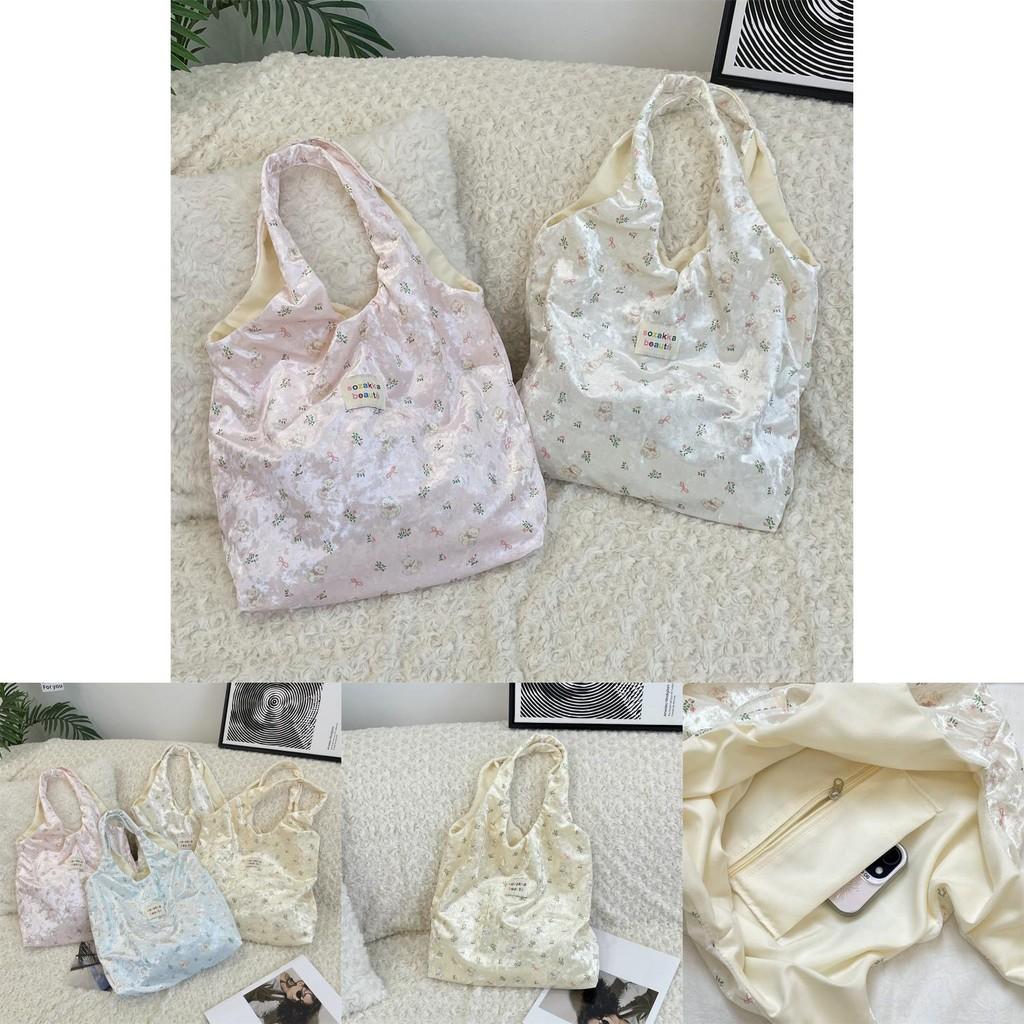 Elegant Pearl Shimmer Bear Print Silk Shoulder Bag For Women With Large Capacity