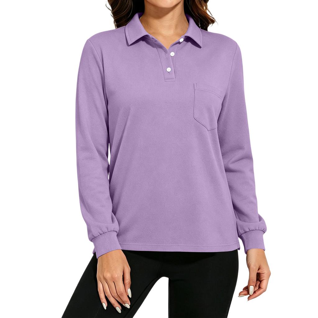 Women's Long Sleeve Button Down Color Blouse with Pockets and Side Slits Casual Collared Top