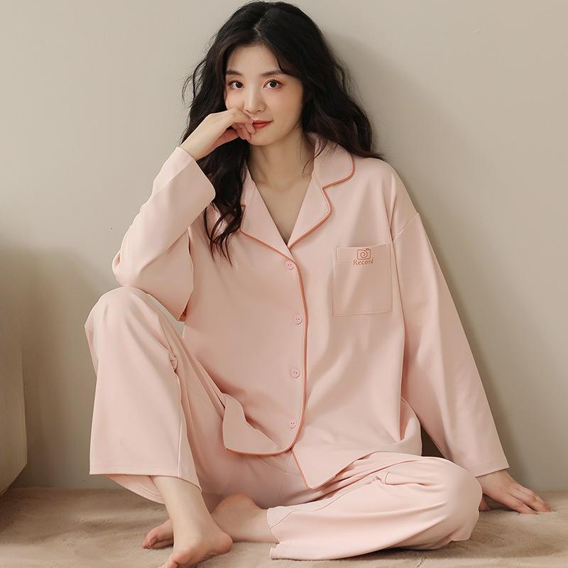 Spring and Autumn Pajamas, Women's Long-sleeved Trousers, Cotton Homewear, Sweet Solid Color Suit