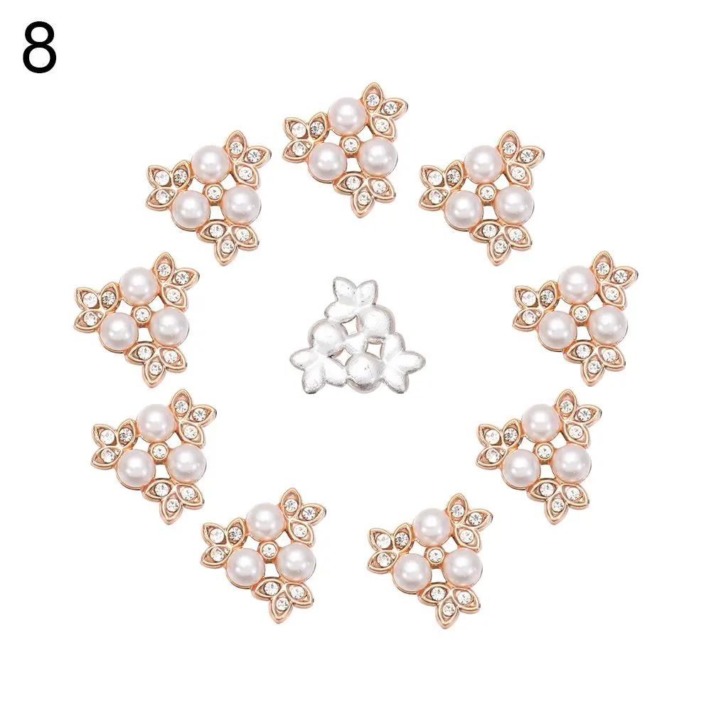 10PCS Pearl Flower Rhinestone Buttons Sparkling Crystal Hairpins Decorative Buttons for Clothes DIY Apparel Sewing Accessories