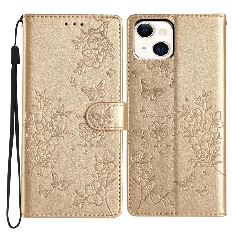 

For iPhone 15 Wallet Case Butterfly Floral Imprint Leather Phone Cover with Strap - Gold