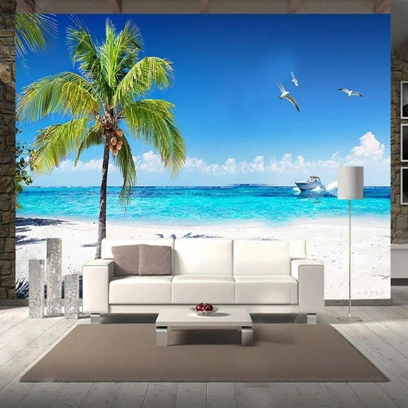 Modern Simple 3d Mural Beach Coconut Tree Scenery Photo Wallpaper Living Room Bedside Backdrop Wall Mural 3d Fresco