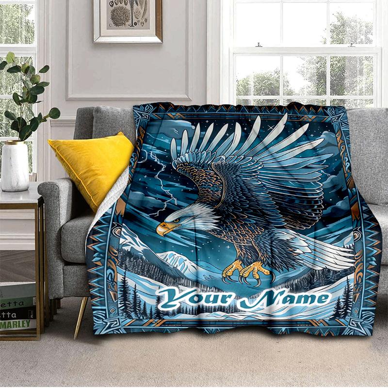 1PC Custom Name Eagle Through Stormy Skies Flannel Blanket Versatile, All-season Throw Suitable for the Living Room, Bedroom, Camping, Travel, and Gif