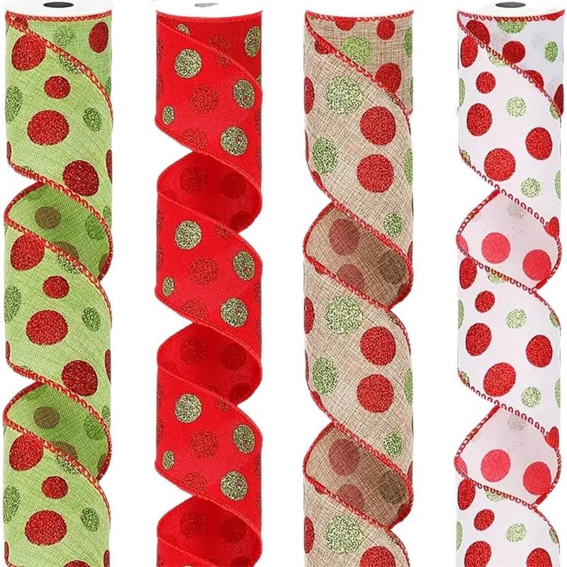 5Yards Round Dot Burlap Ribbon With Wire Edges For Christmas Tree Decorations Crafts Gift Wrapping
