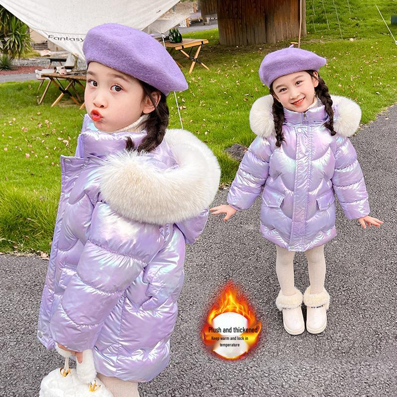 Girls' Mid-Length Bright Down Jacket - Wash-Free, Warm, Thickened for Winter