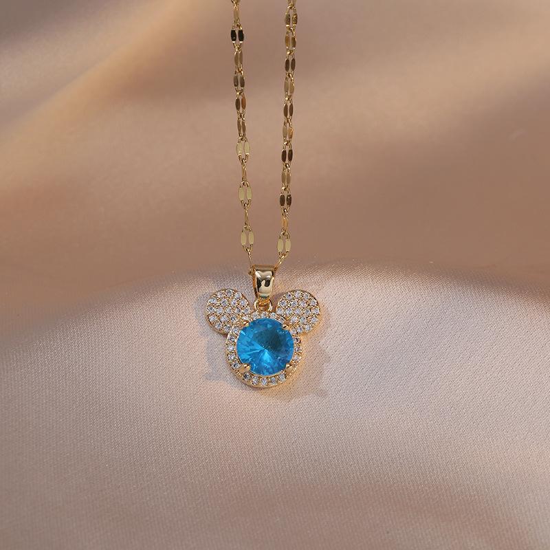 Stainless Steel Big Zircon Cartoon Mouse Head Necklaces for Women Girls Cute Crystal Accessories Gifts for Friends Fans