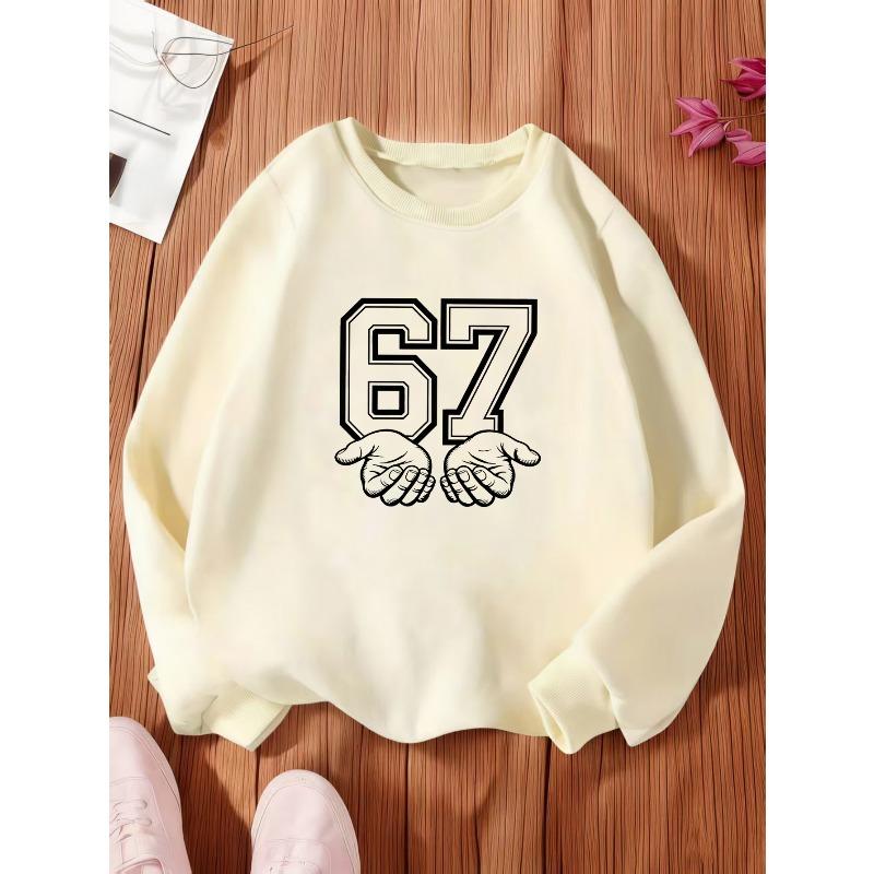 Kids Unisex Crewneck Sweatshirt, Double Outline Varsity 67 Number with Two Cupped Hands Cartoon Print Pullover, Sweatshirt for Boys Girls Ages 4+
