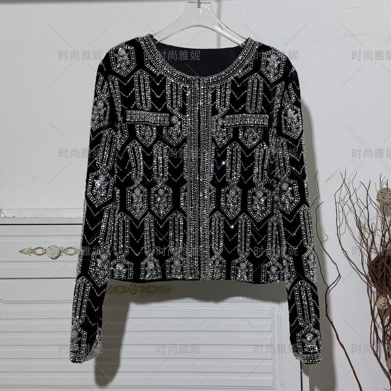 Fashion Yani Court Style Heavy Industry Bead Embroidered Short Jacket Women's Black Cardigan Performance Clothing Top