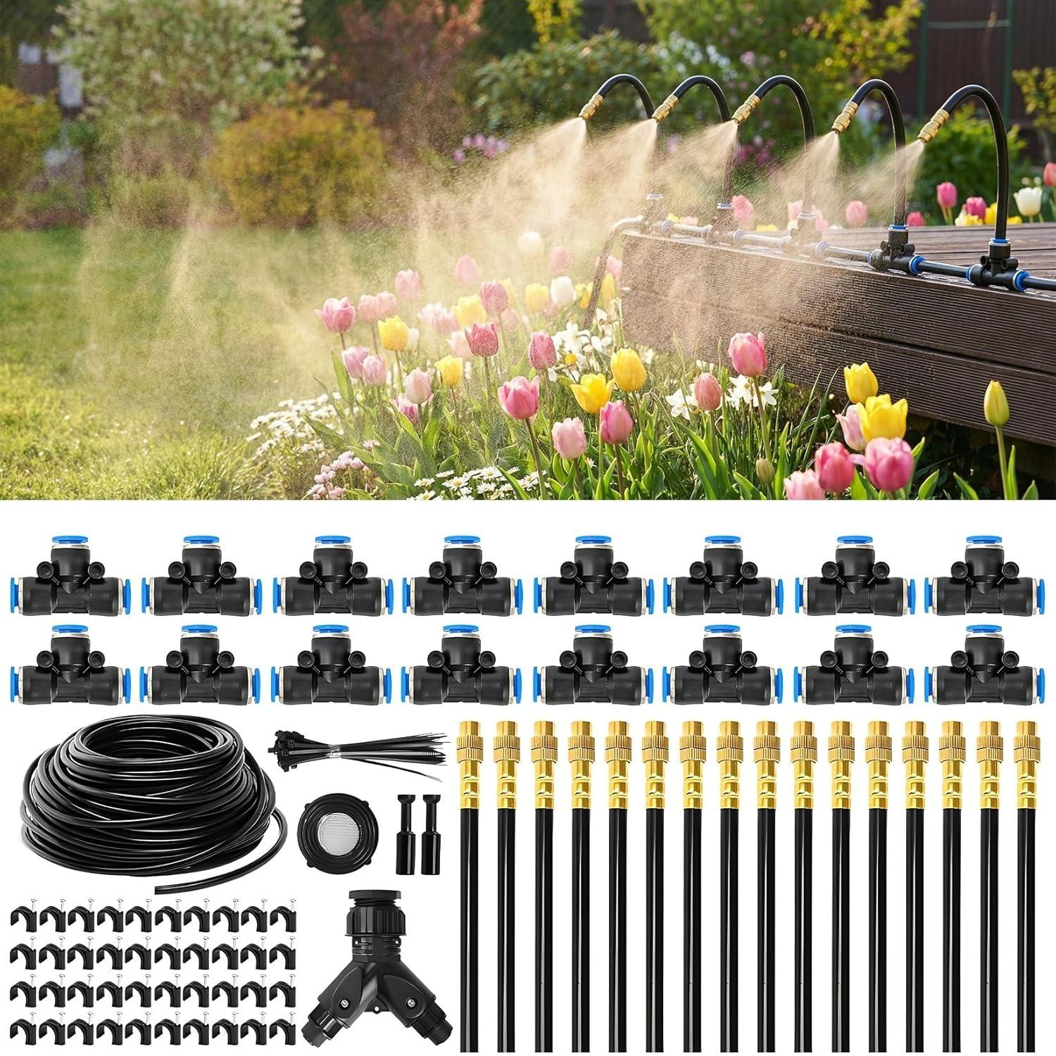 

98ft Drip Irrigation System, 1/4 Adjustable Atomizing Sprinkler Kit with PVC Tubing, Automatic Watering System for Garden Lawn Greenhouse Raised Bed. A9