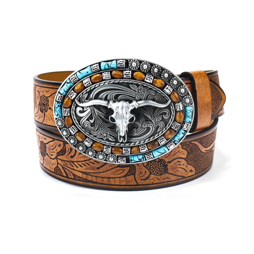 Western Denim Belt Bull Head Large Board Buckle Retro Men'S Punk Leather Belt