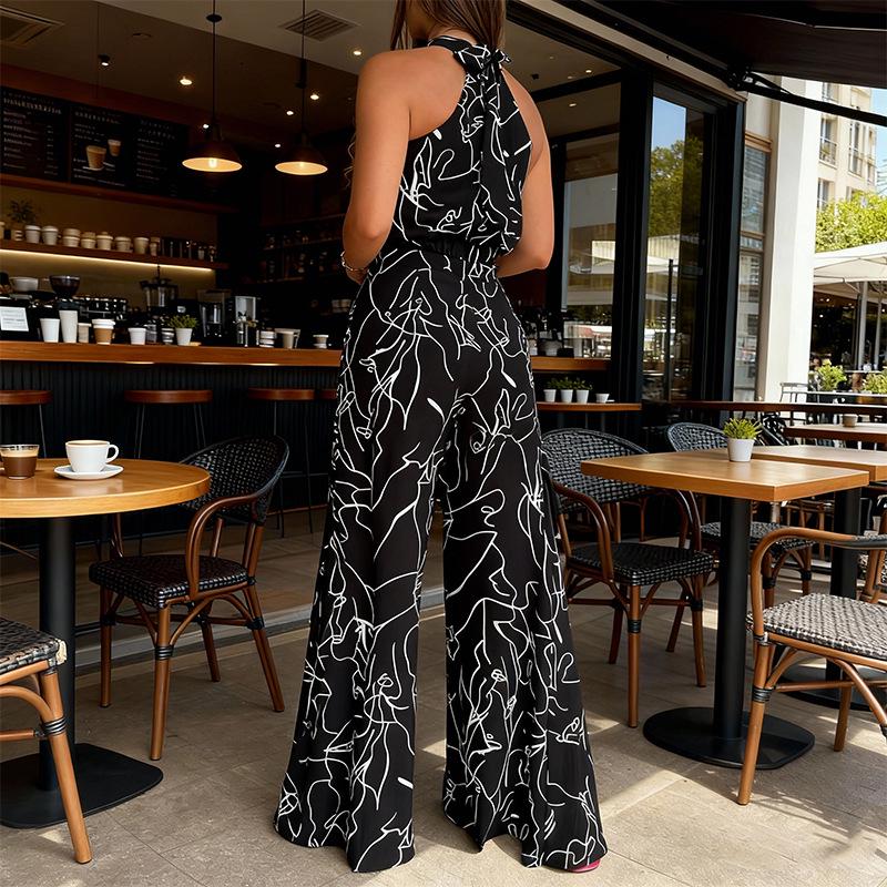 Summer Style Women's Sleeveless Printed Jumpsuit with Tie-Up Wide-Leg Pants