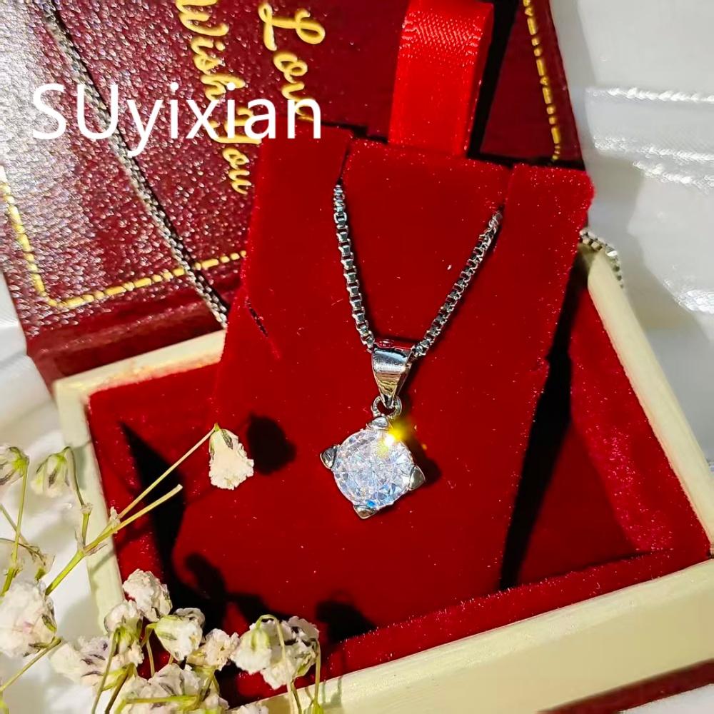 925 Sterling Silver Stylish Simple Geometric Square Zircon Necklace Birthday Wedding Anniversary Jewelry Gift серебряный