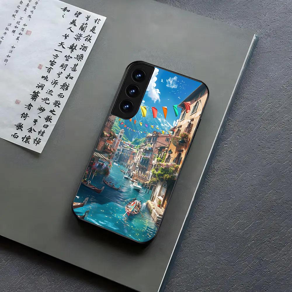 Water City Venice Phone Case For Samsung S24, S25 22,30,,Note20,Ultra,Lite,Ultra,5G,Plus,FE Black Cover
