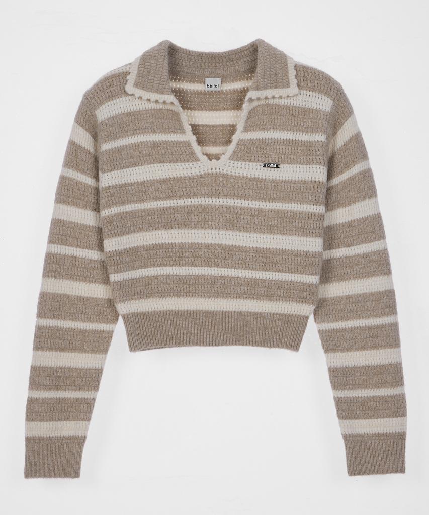BELLOL Striped Open Collar Slim Fit Long Sleeve Knit Beige