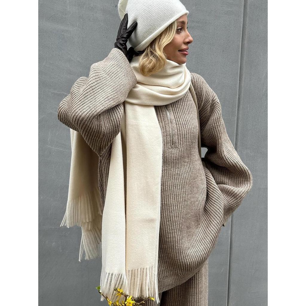 2025 Herbst Winter Neues Damen Strickpullover Set mit Halbreißverschlusskragen Langarm Weitbein Hose Outfit für Europa und Amerika