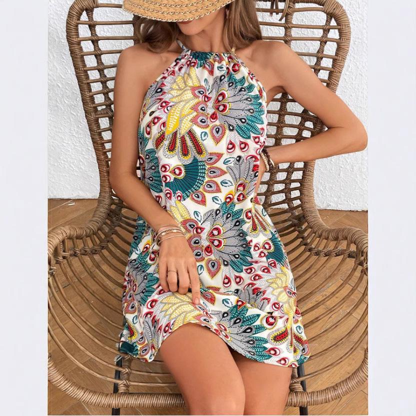 Feather Print Halterneck Camisole Dress - Women's Spring/Summer Vacation Beachwear