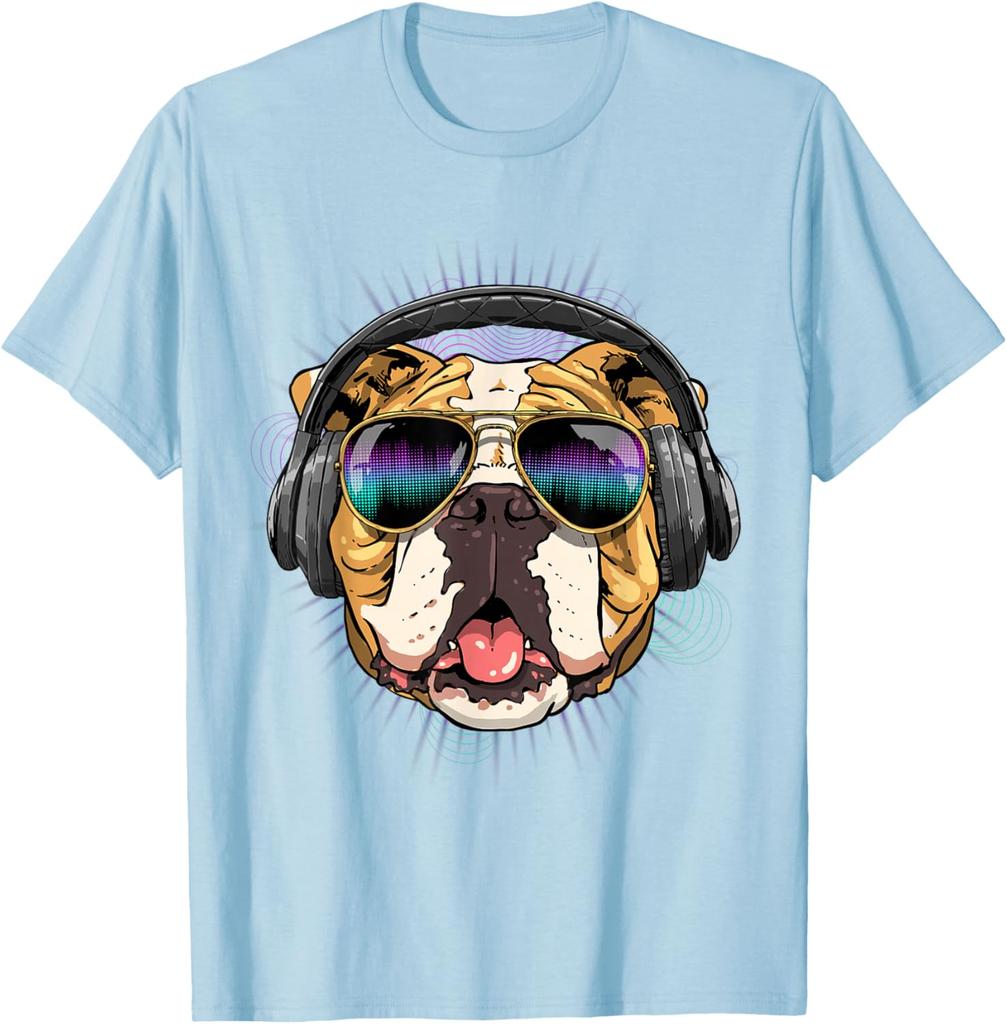 Music Bulldog DJ Headphones Graphic Tee Men Casual Cotton Short Sleeve T-Shirt
