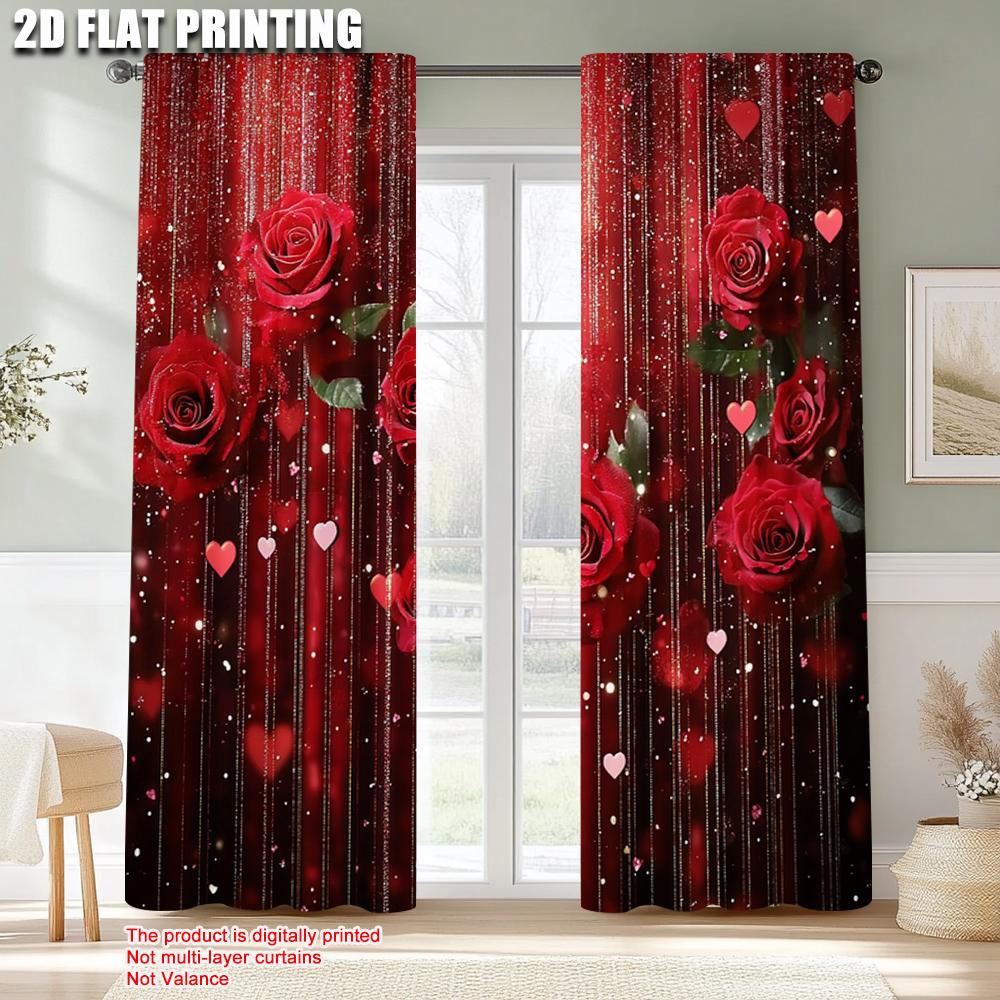 2pcs   Minimalist Curtains 2D plane printing Red Rose & Heart Durable Polyester (without rod) Decorations Inside Use for Bedroom