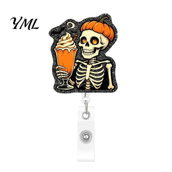 Retractable Badge Holder Halloween Reel, Skeleton And Pumpkin Design, Acrylic ID Card Teacher Id Reel with Sturdy Metal Clip for Nurses Office