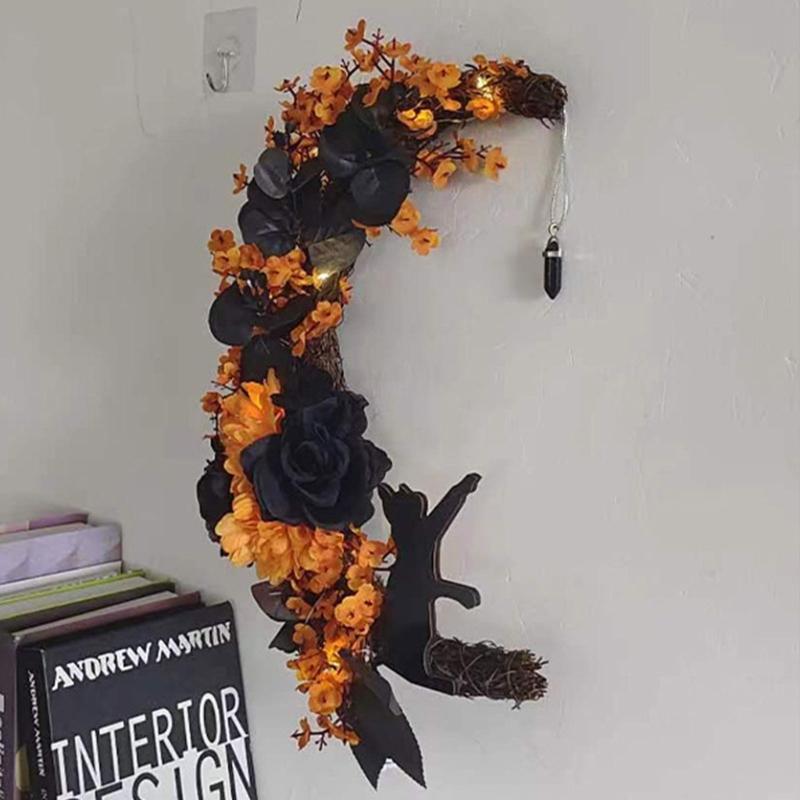 Halloween Moon Cat Wreath Simulation Hanging Pendant Autumn Rustic Crafts Spooky Halloween Decorations for Home Party
