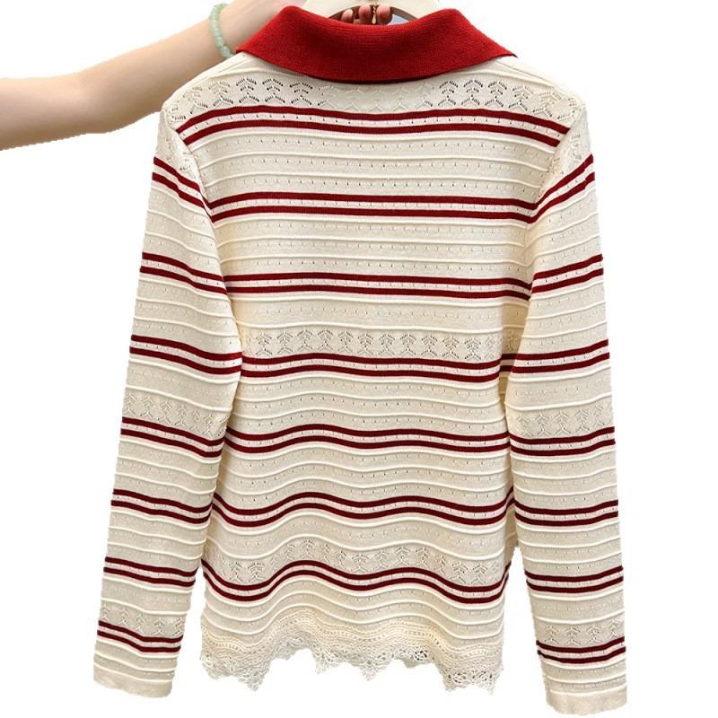 Autumn and Winter New Lapel Striped Knitted Sweater Lace Splicing Long-sleeved Women's Sweater