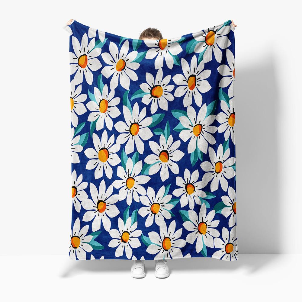 Blue Floral Print Throw Blanket Soft Fleece Cozy Bed Blanket Sofa Cover Decorative Throw Blanket Gift 75X95CM