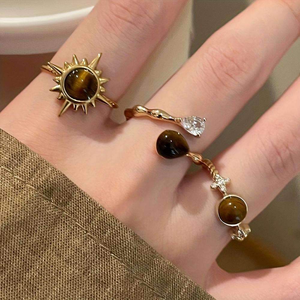 A Set of Three Stylish Sunflower Water Droplet Decorative Open Rings Suitable for Women'S Everyday Wear
