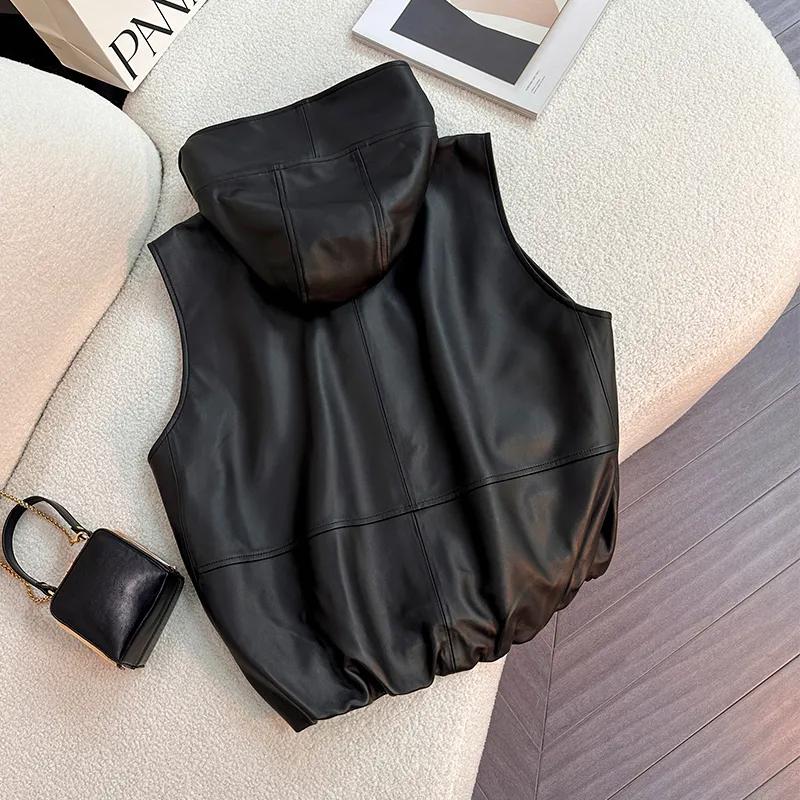 Women's Spring/Fall Hooded PU Leather Vest Loose Fit, Slimming, Lightweight Outerwear Casual Short Jacket