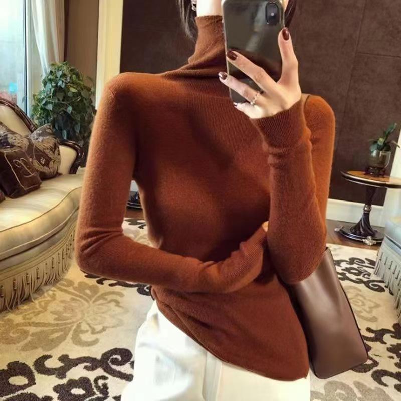WTEMPO High Collar Stretchy Long Sleeve Slim Knitted Pullovers Women's Solid Color Casual Spring Autumn Soft Warm Sweaters