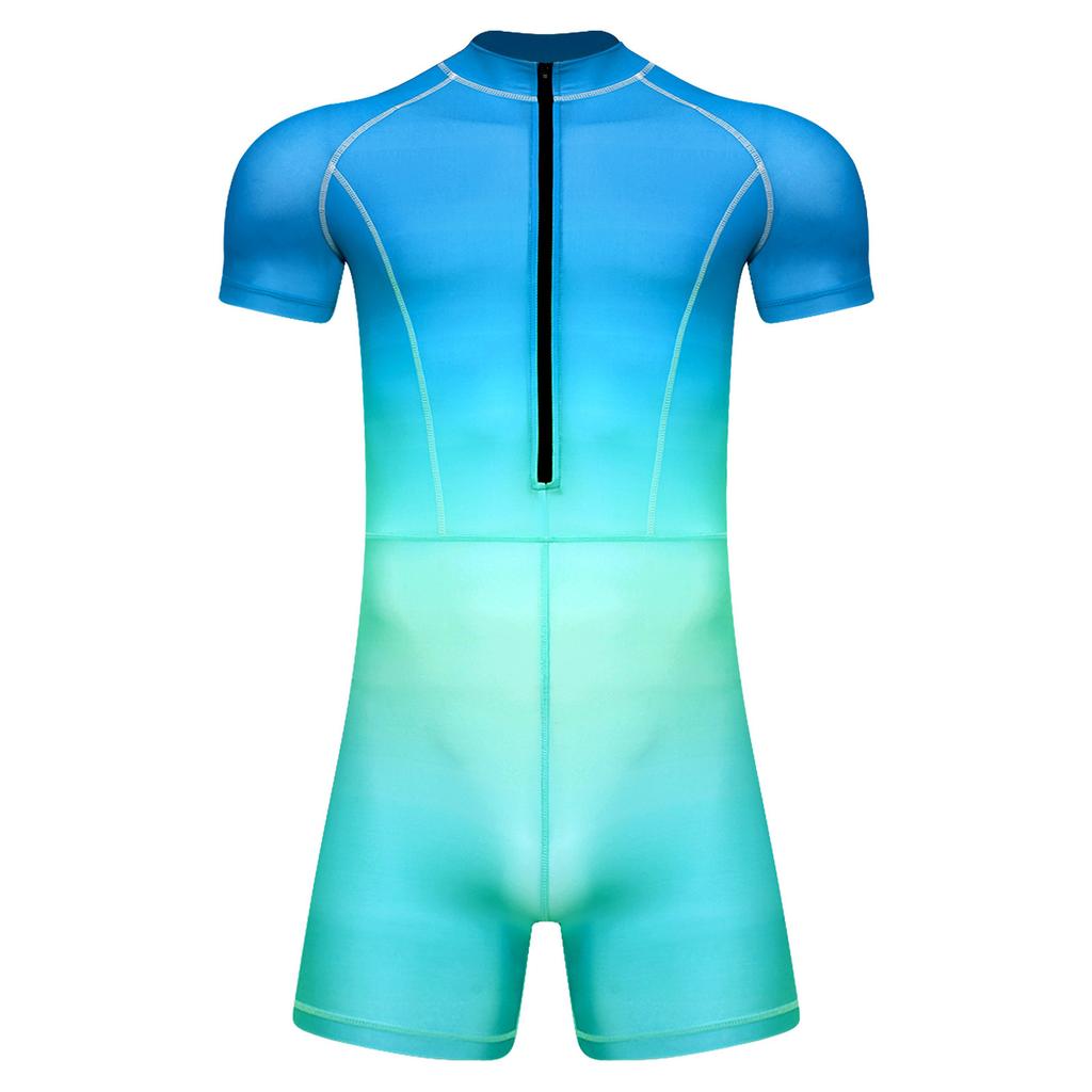 Costume da bagno intero da uomo a colori sfumati S-3XL Manica corta Zip frontale Pantaloncini a pantaloncino Tuta Rash Guard per Surf Nuoto Subacquea