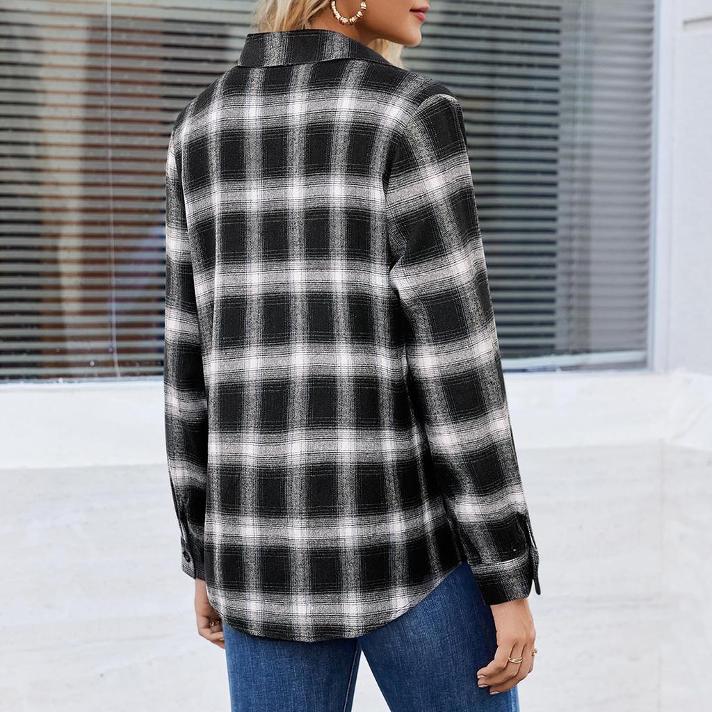Women's Fashion Long-Sleeve Button-Down Plaid Shirt With Pockets