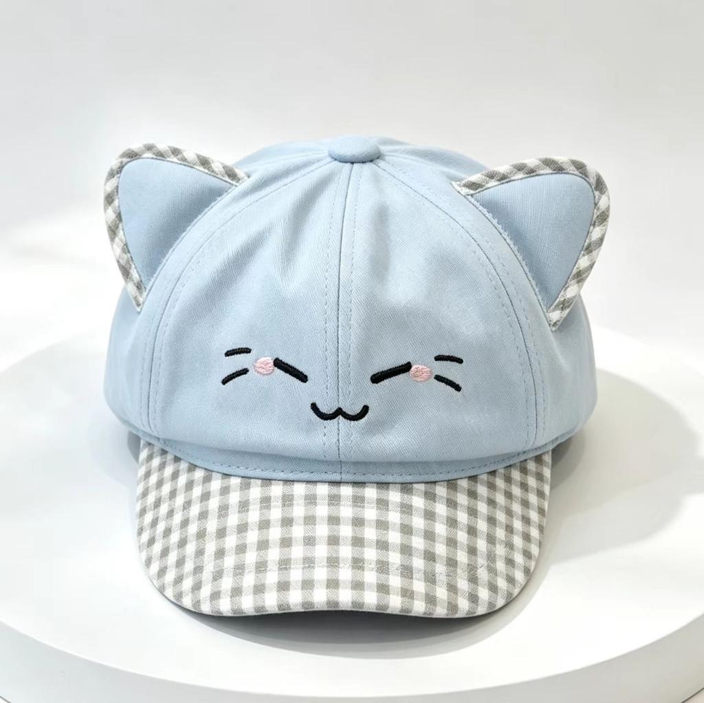 Cute Cat Ear Plaid Decorative Beret Sun Protection Retro Big Head Circumference Octagonal Hat Showing Face Small Painter Newsboy Hat