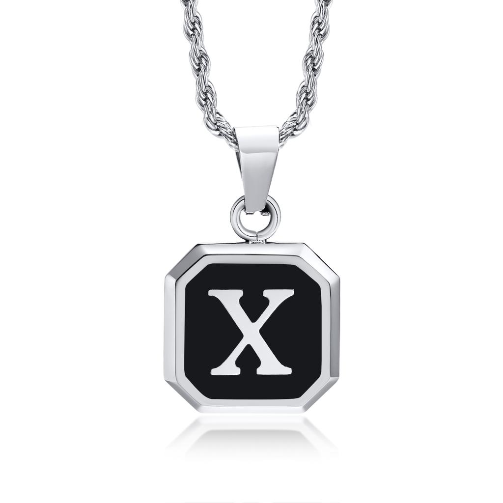 Initials Necklaces for Men Women,A-Z 26 Letters Black Square Stainless Steel Pendant Collar,45-60CM Twisted Rope Chain Gifts