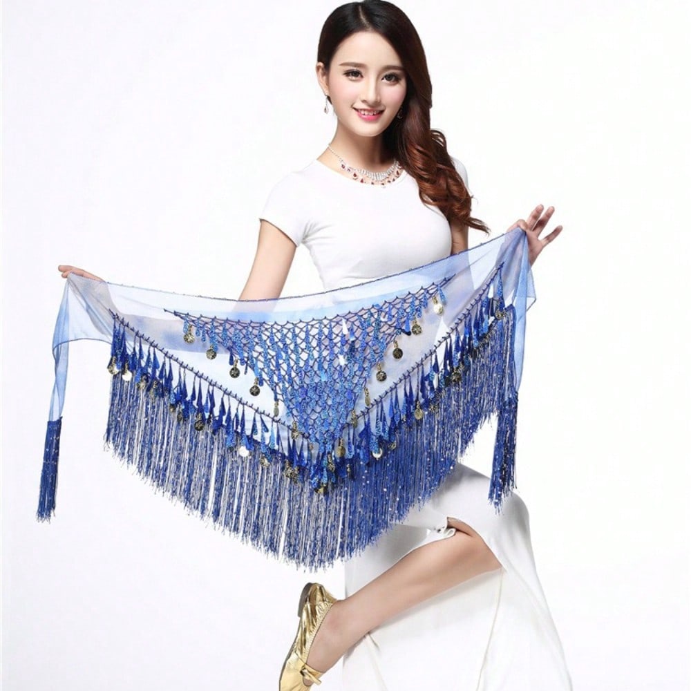 Costume de Danse Indienne Pièce Scintillante Serviette de Taille à Franges Serviette de Hanche Danse du Ventre Chaîne de Taille Sapphire Blue multicolore