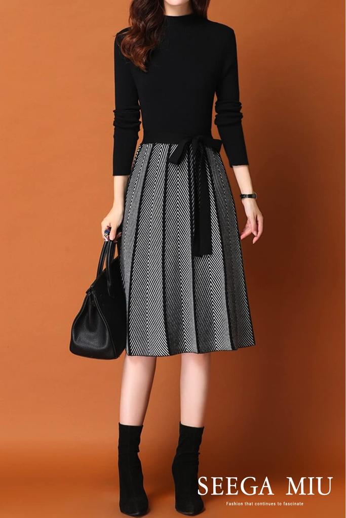 SEEGA MIU Knit Dress with Docked and Contrast One Available in 3 Colors Women's Patterns, Size, (Black)