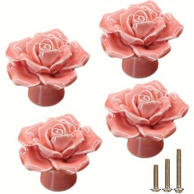4pcs Rose Ceramic Knobs,Rose Ceramic Vintage Pulls Kitchen Cabinet Dresser Knobs with 3 Sizes of Screws for Room Dresser Cabinet Closet Pink