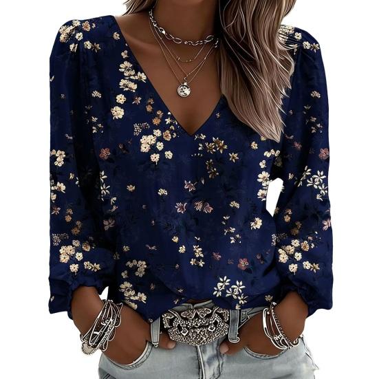 Yousheng Women Tops Retro Floral Print Puff Long Sleeve Shirt V-neck Loose Fit Casual Blouse Breathable Daily Wear