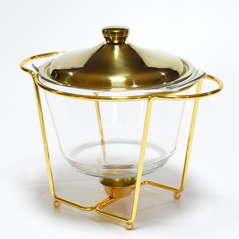 Chaffing Dish Golden Rectangular Three-Grid Glass Dining Stove Glass Heating Container Restaurant Buffet Stove