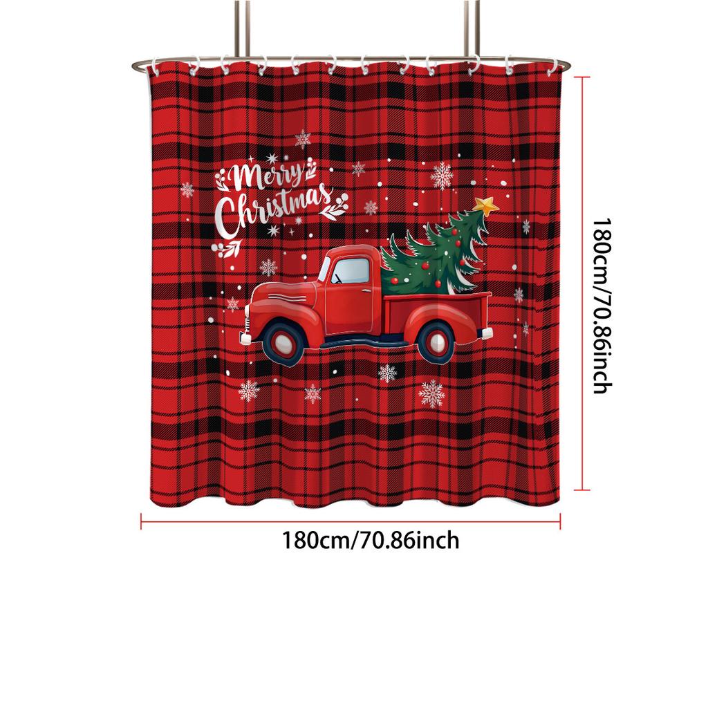 1Pc Red Checkered Truck Print Waterproof Shower Curtain Multiple Size Privacy Hanging Curtain And 12 Hooks For Easy Installation