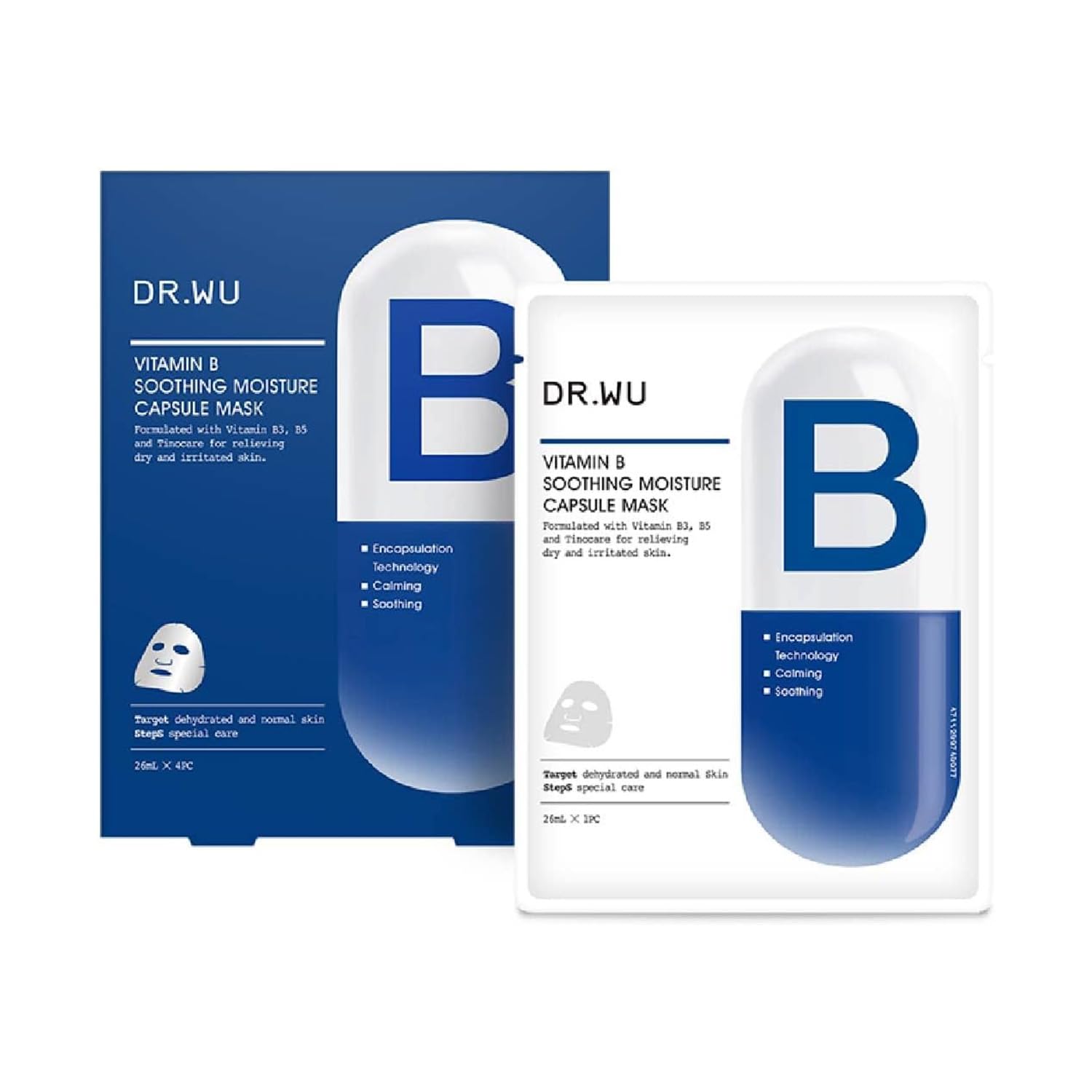 

Vitamin B Soothing Moisture Capsule 4 for Sensitive and Troublesome Face Cotton Sheet Mask DR.WU Mask, Pieces, Niacinamide, Skin, Moisturizing, Skin, синий