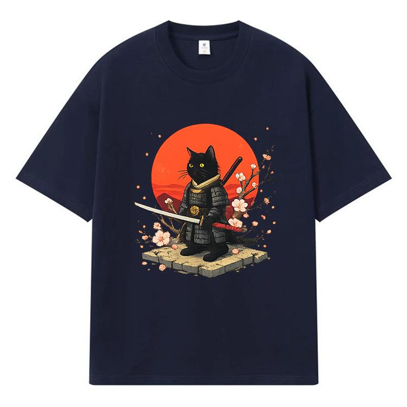 2026 Black Cat Samurai Printed Graphic Y2k Harajuku Streetwear 100% Cotton T Shirt Casual Oversized Summer Men T-shirt
