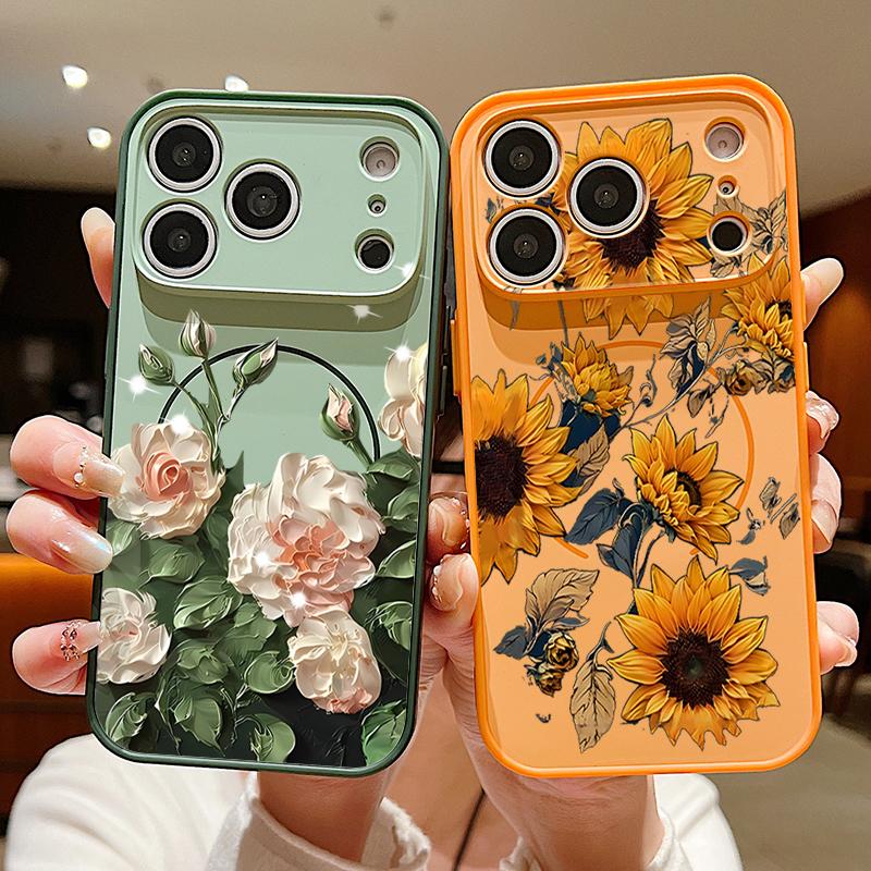 Lotus Sunflowers Pattern Case For iPhone 17 Pro Max Funda iPhone 16 15 14 13 Pro Max Magnetic For Magsafe Hybrid Slim Matte Cover