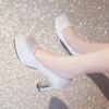 Mode 35-44 Große Damen High Heels Plateau Dicke Absätze Mary Jane Schuhe Kleiner Quadratischer Kopf Set Silberne High Heels