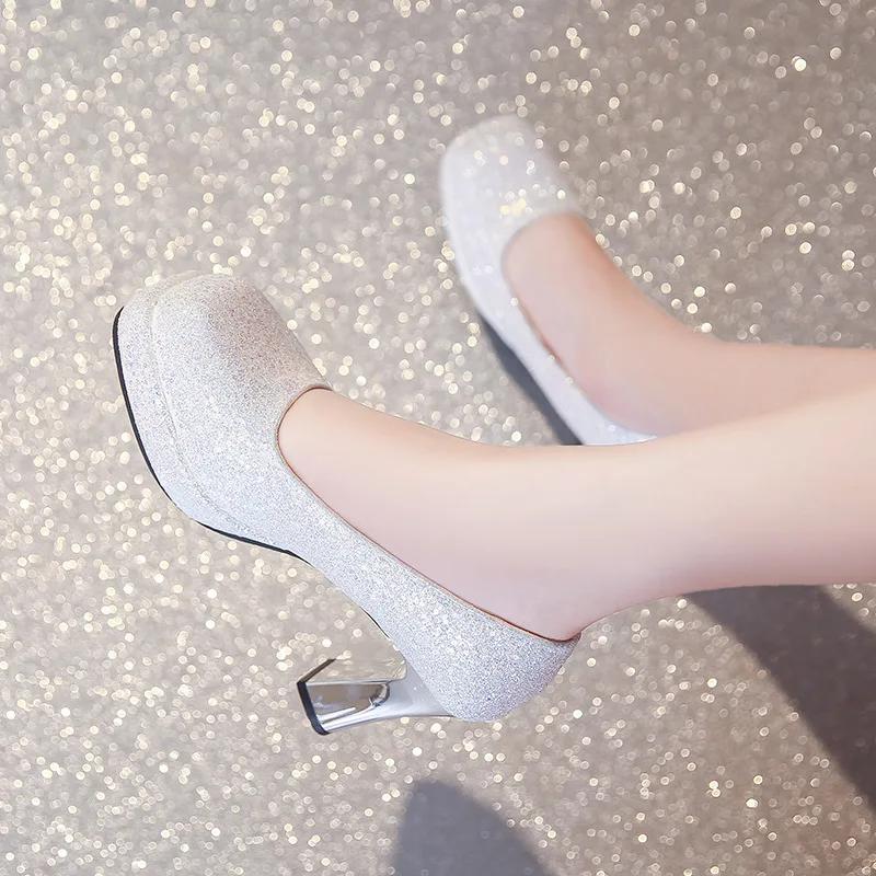 Mode 35-44 Große Damen High Heels Plateau Dicke Absätze Mary Jane Schuhe Kleiner Quadratischer Kopf Set Silberne High Heels