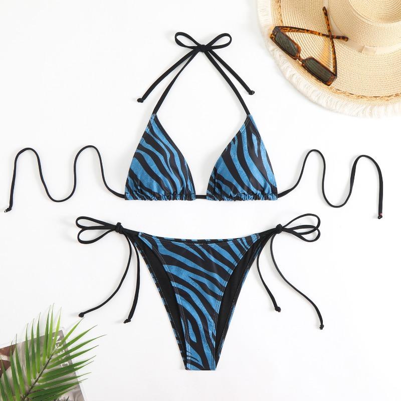 New Zebra Pattern Strap-on Neck Bikini Triangle Bag Split Swimsuit