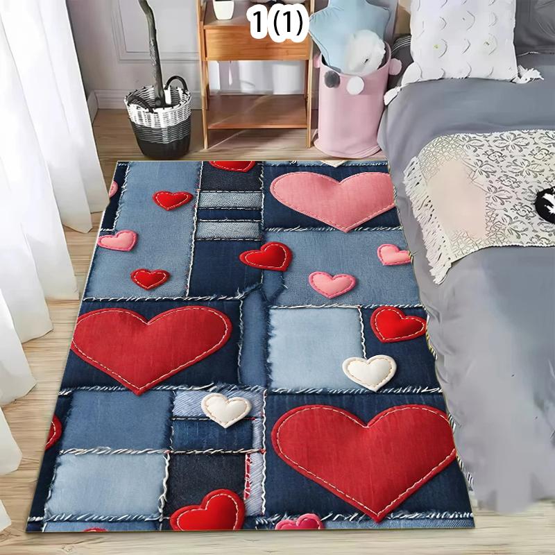 

Denim Patchwork Style Carpet Love Heart Design Pattern Area Rug Soft Non-Slip Floor Mat Modern Home Decor for Living Room 40X60cm