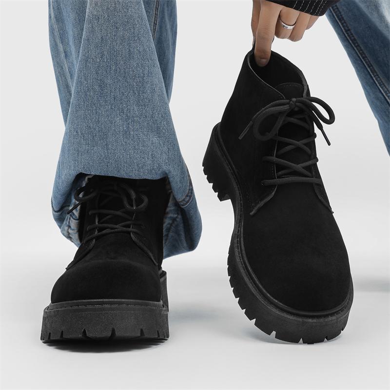 Shufl Men's Black New High Rise Thick Soled Big Head Shoes Suitable For Autumn And Winter Invisible Height Increasing Shoes Workwear Boots Cm
