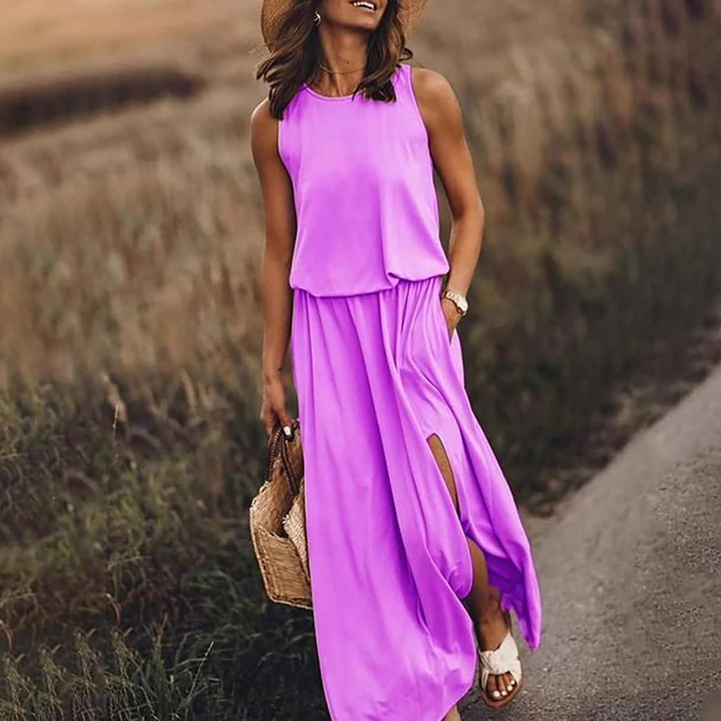 Fashion Womens Solid Color Round Neck Sleeveless High Waist Split Dress